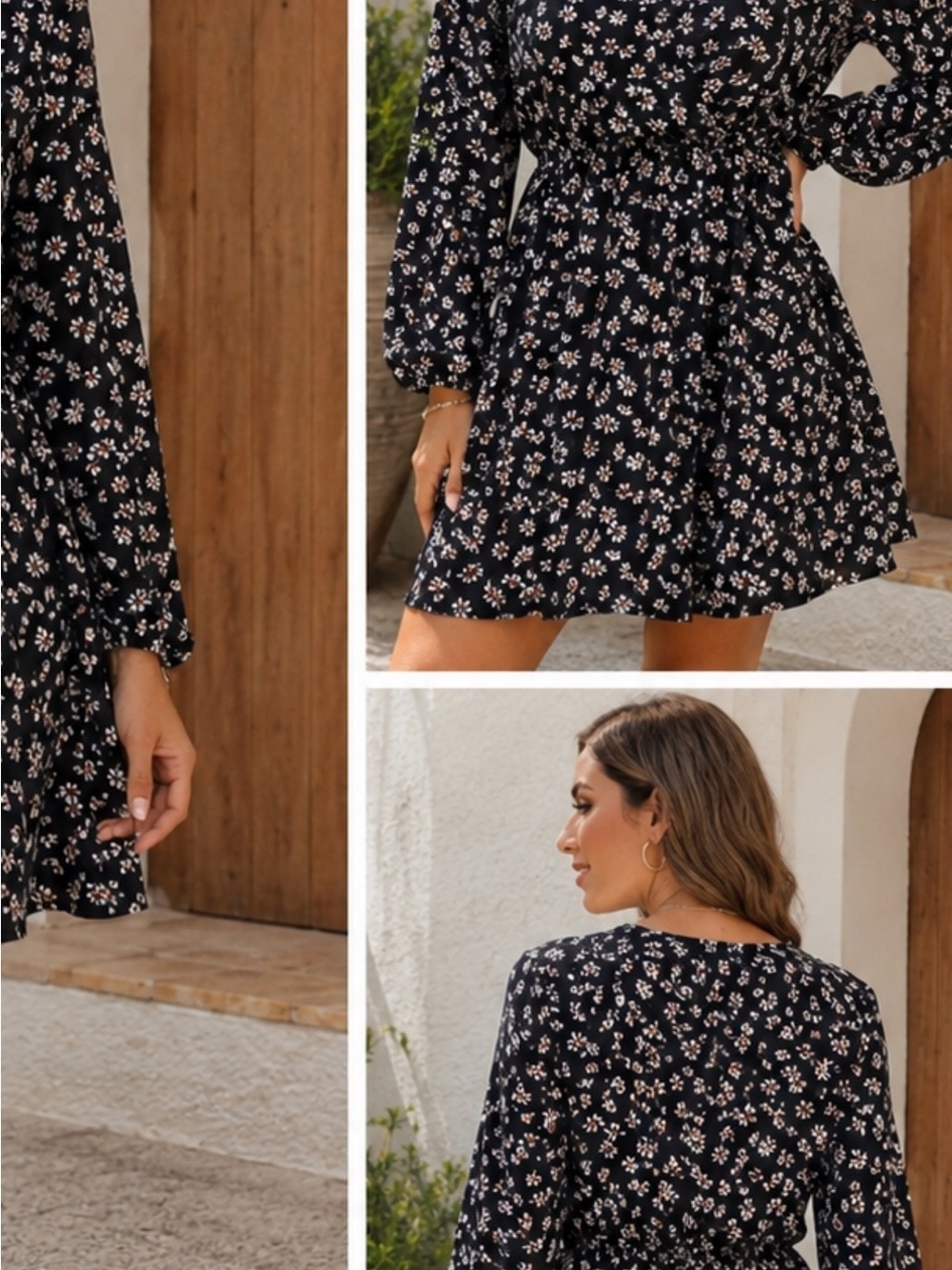 Black Floral Smock-Waist Mini Dress